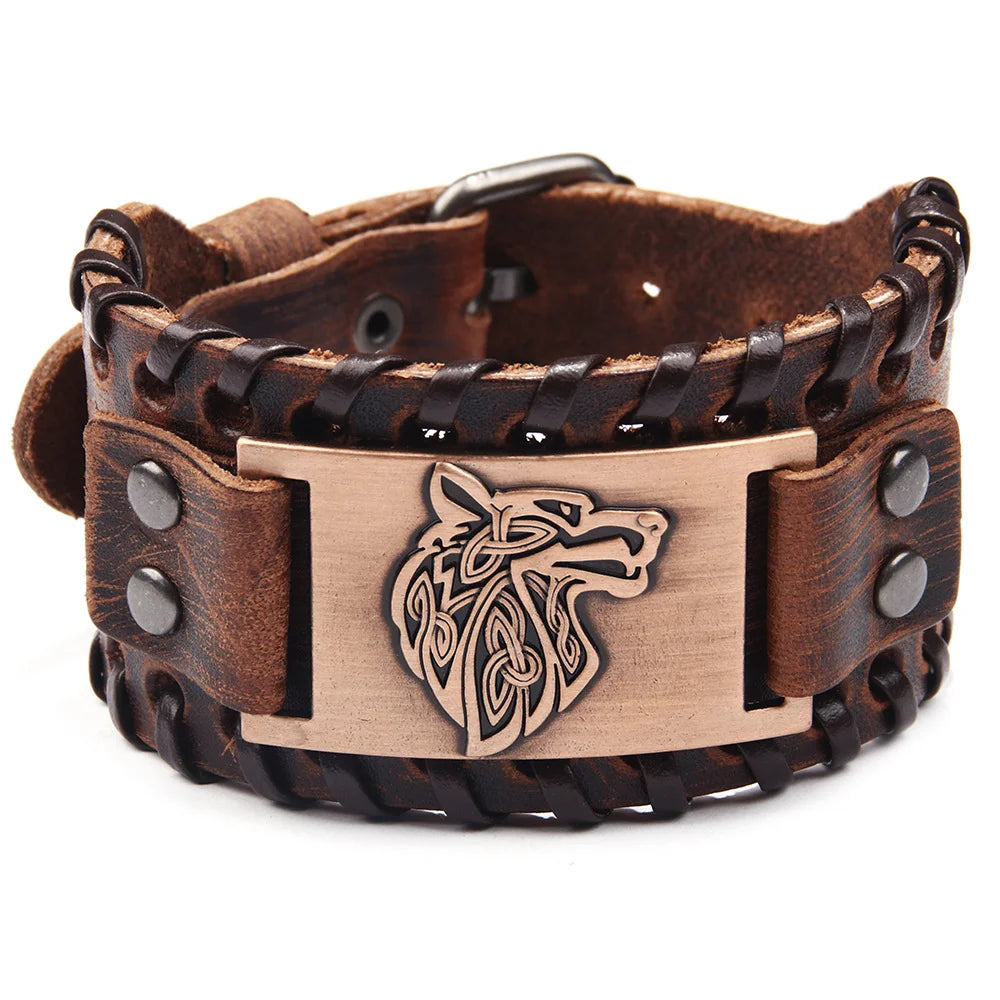 Herren Stilvolles Wikinger-Armband Leder Kühnes Wolfsmotiv Metallverzierung Armreif Punk Rock Partys Schmuck Einzigartiges Geschenk