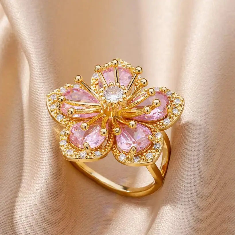 Rosa Zirkonia Blumenringe für Frauen Goldfarbener Edelstahlring 2025 Trend Elegante florale Luxus-Ästhetik Schmuck Anillos