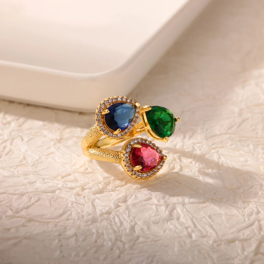 Luxuriöse bunte Zirkonringe für Damen, modischer goldfarbener Edelstahl-Offener Fingerring, Hochzeitsparty, ästhetischer Schmuck, Geschenk