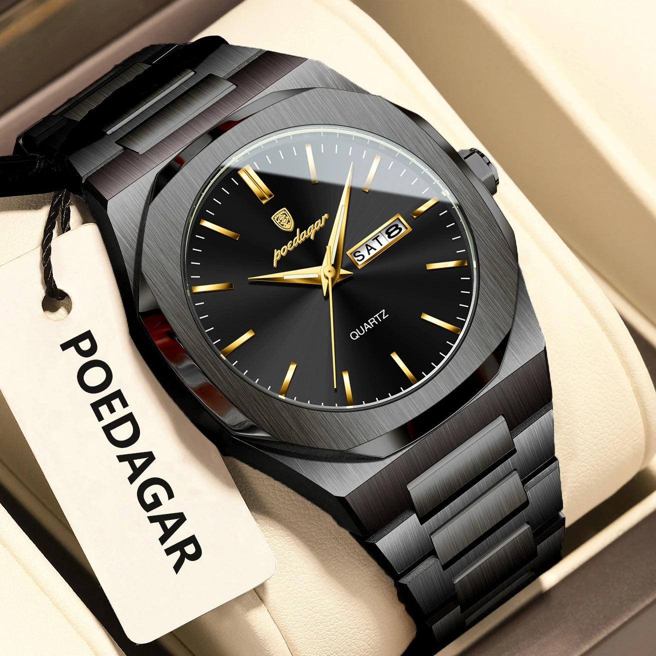 Reloj de hombre de marca de moda POEDAGAR, impermeable, luminoso, de acero inoxidable, para hombres, fecha, semana, informal, de cuarzo, Reloj de hombre