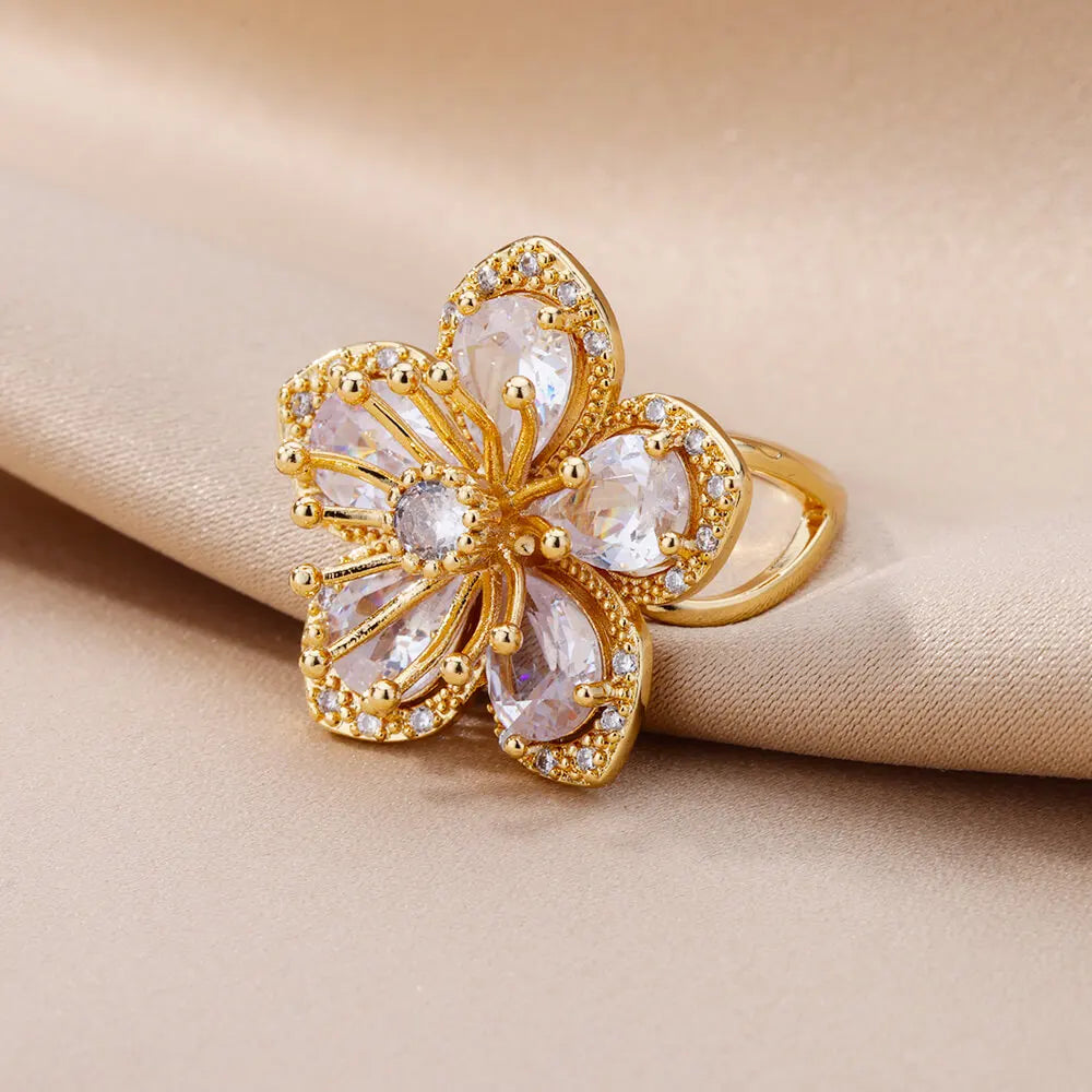 Rosa Zirkonia Blumenringe für Frauen Goldfarbener Edelstahlring 2025 Trend Elegante florale Luxus-Ästhetik Schmuck Anillos