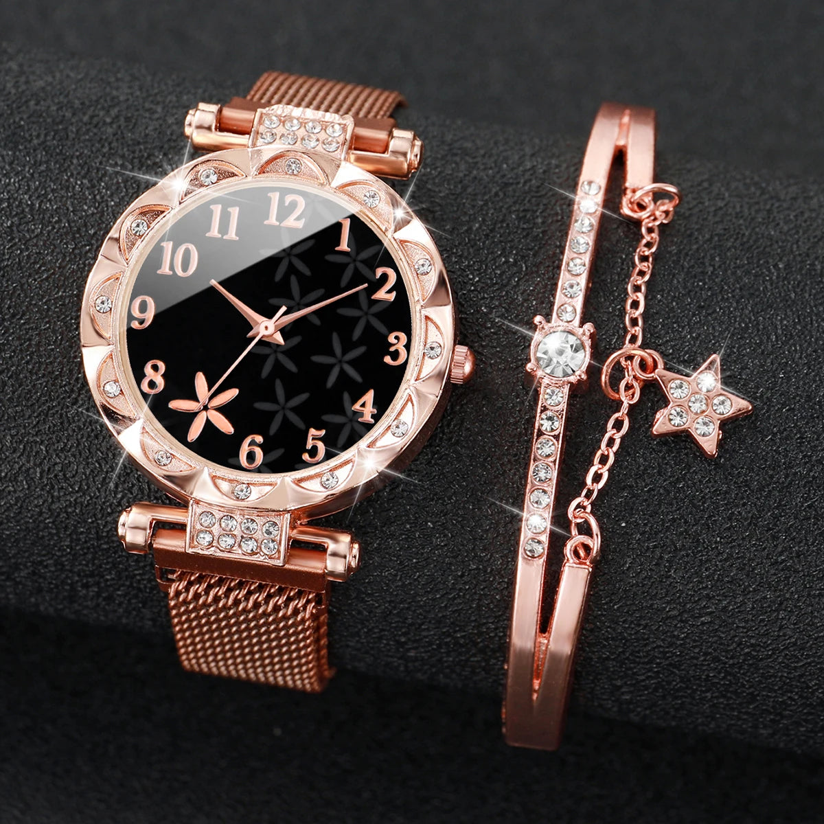 2 Stück Mode Damen Uhren Set Magnetverschluss Mesh-Armband Analog Quarz Uhr Stern Armband Set Reloj Mujer
