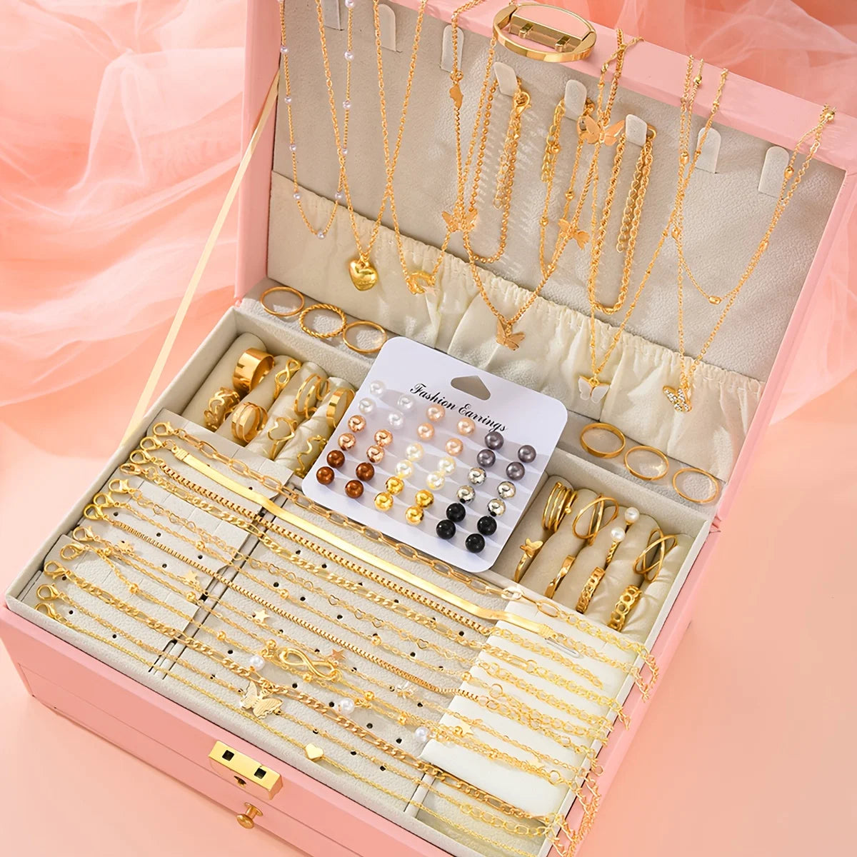 83-teiliges elegantes Perlenschmuckset mit geometrischen Ohrringen, Halskette, Armband und Ring für Damen, Herz, Schmetterling, Stern, täglicher Party-Schmuck, neu