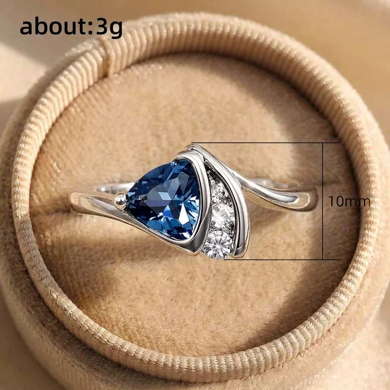 Anillos de plata de ley 925 con circonitas cúbicas azules y diseño de triángulo, para mujer, anillos de compromiso, anillos de boda, joyería de moda