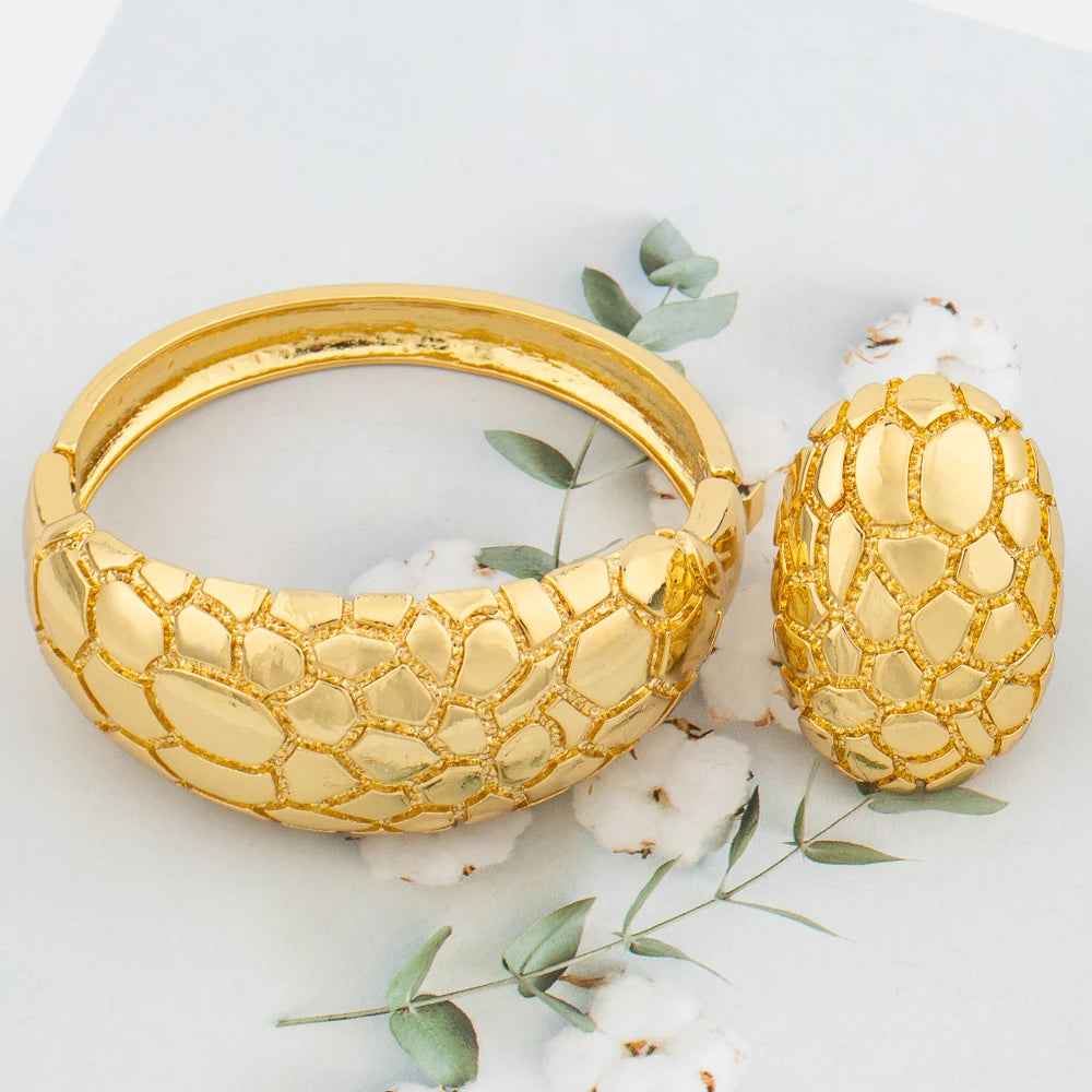 Großer Creolen-Armreif für Damen, Blumen, italienischer Dubai-Goldschmuck, Armband-Ring-Set, luxuriöses Kupfer, modisches Geburtstagsgeschenk