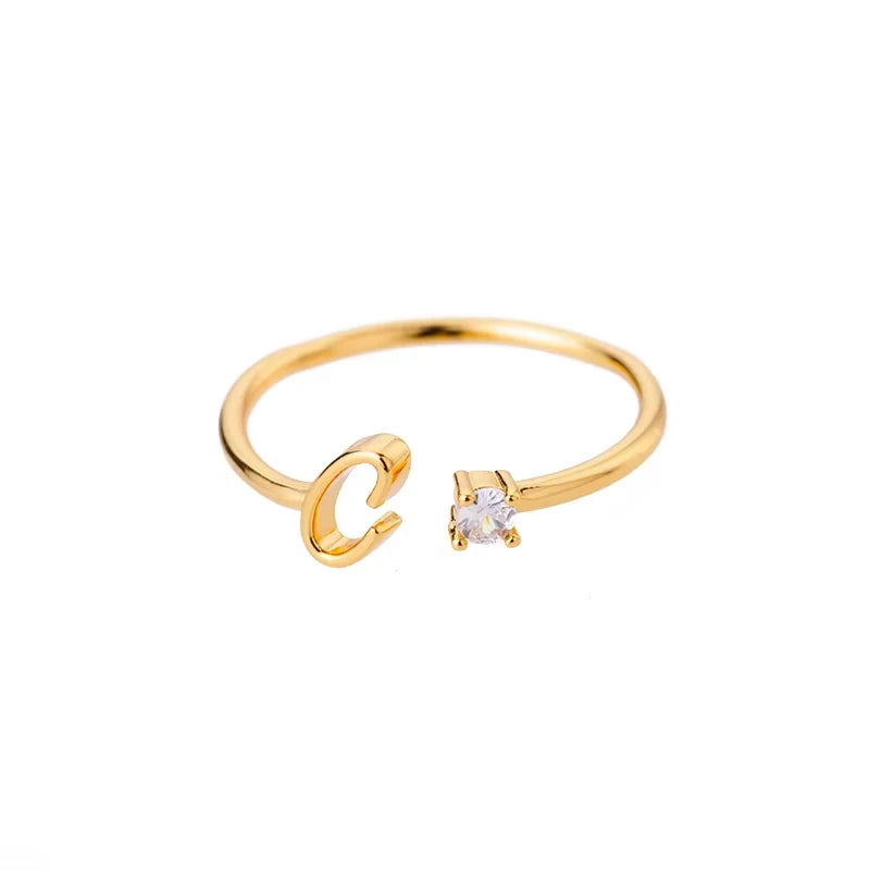 A-Z Anfangsbuchstabe Offene Ringe für Damen Edelstahl Goldfarbe Zirkon Verstellbarer Ring Trendiger Paar-Hochzeitsschmuck Geschenk
