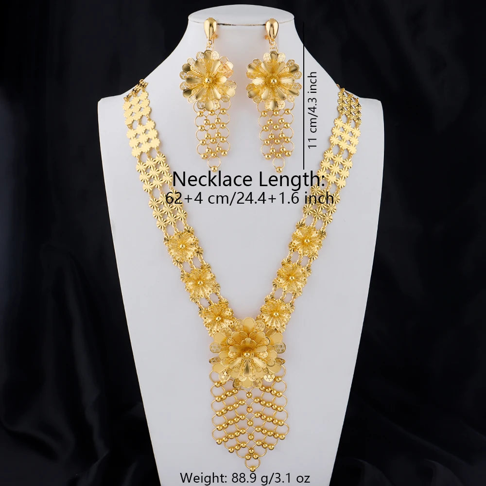 Neues indisches Goldfarbenes langes Halsketten-Set Nigerianische Party Braut Hochzeit Luxus Dubai Ohrringe Schmuck Damen Valentinstagsgeschenk