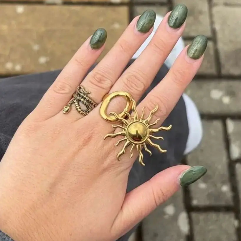 Überzogene Sonnenringe für Damen, goldfarben, Edelstahl, verstellbarer Sonnenring, modisches Jubiläumsparty-Glücksschmuckgeschenk