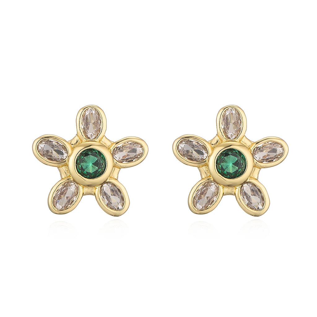 NEWBUY Delicate Gold Color Cute Flower Stud Earrings For Women Pink Green White CZ Crystal Jewelry Femme Bijoux