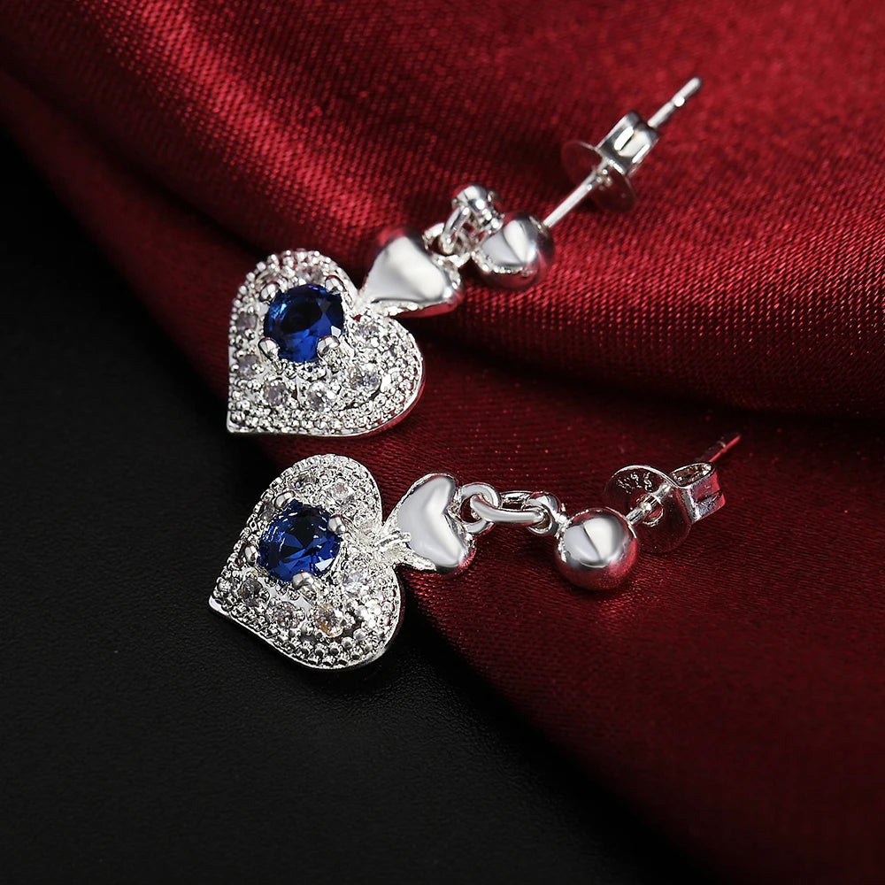Heißes Edelblau Kristall Herz 925 Sterling Silber Anhänger Halskette Ohrring Schmucksets für Frauen klassische Mode Party feines Geschenk