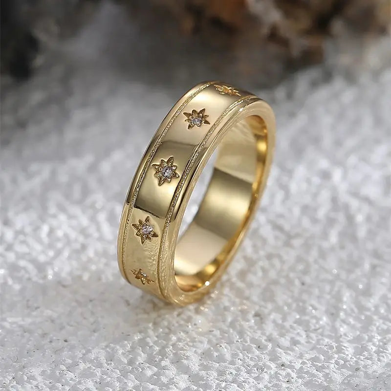925 Sterling Silber Stern Chunky Ring für Frauen Vintage Trendy Gold Farbe Zirkonia Fingerringe Punk Accessoires Schmuck Geschenk