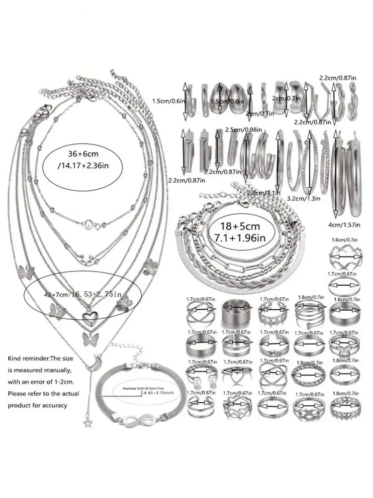 Neue 57-teilige Schmucksets für Damen, Metall, breite Ohrringe, Halsketten, Armbänder, Fußkettchen, Ringe, Kombinationsset