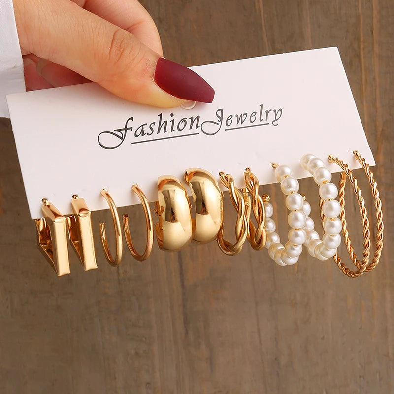Aretes de Perlas Geométricos Vintage Color Oro, Set de Aretes Colgantes Cuadrados de Metal Trenzado Redondos para Mujer, Joyería de Fiesta Sencilla y de Moda