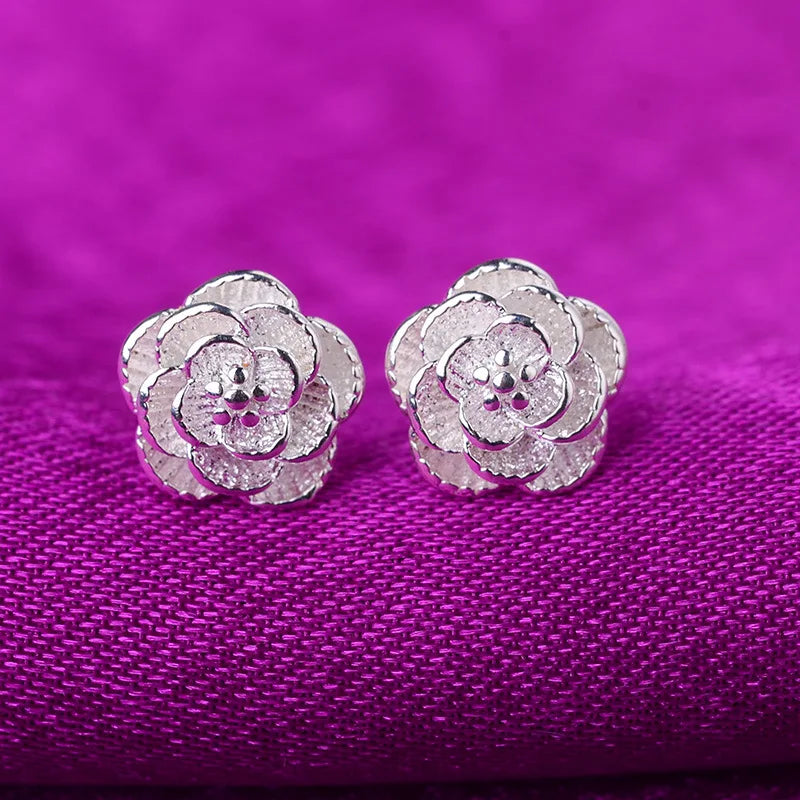 Heiße 925 Sterling Silber Hübsche Rosenblume Ohrstecker für Frauen Mode klassische Party Hochzeit Schmuck Weihnachtsgeschenke