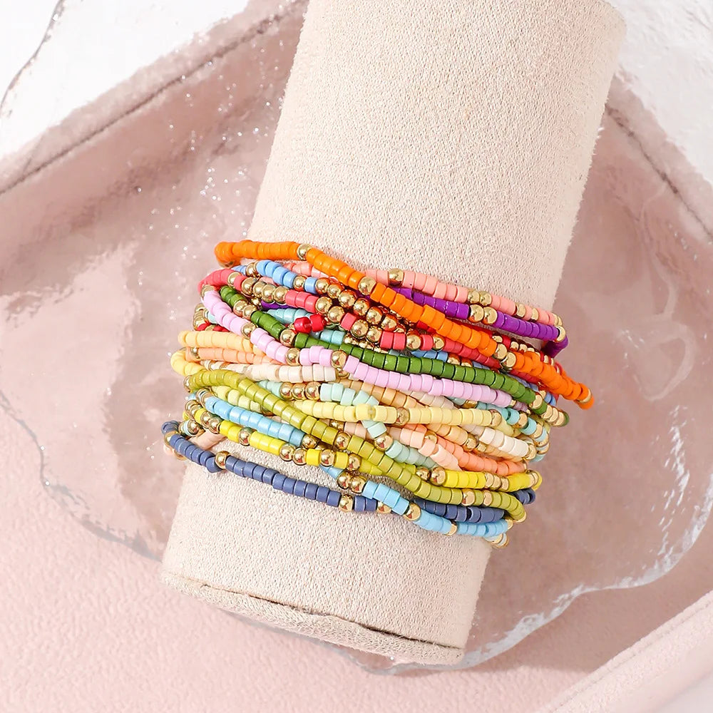 Boho-Stil Perlenarmband-Set für Damen – Bunte Perlen, dehnbares Strangarmband, Kettenarmreif, Mädchen, Sommer, Strand, Urlaubsschmuck