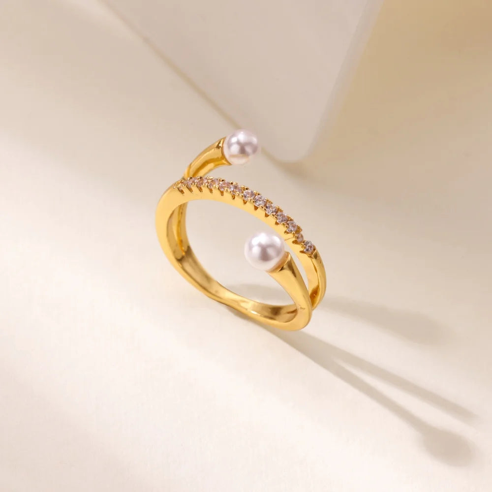 Anillo de Perlas de Imitación de Zirconia en Capas para Mujeres Anillo de Acero Inoxidable Color Dorado 2025 Nueva Tendencia Moda Boda Pareja Joyería Regalo