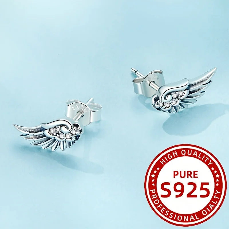 Pendientes elegantes para mujer con alas de pluma de ángel, 1,12g, plata 925, adecuados para uso diario, fiestas, vacaciones, regalos