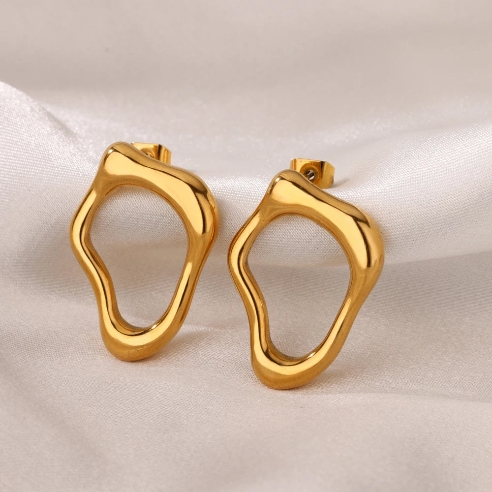 Aretes de acero inoxidable con forma hueca irregular y bonita para mujer, color dorado, para bodas, aretes con textura irregular, joyas para mejores amigas
