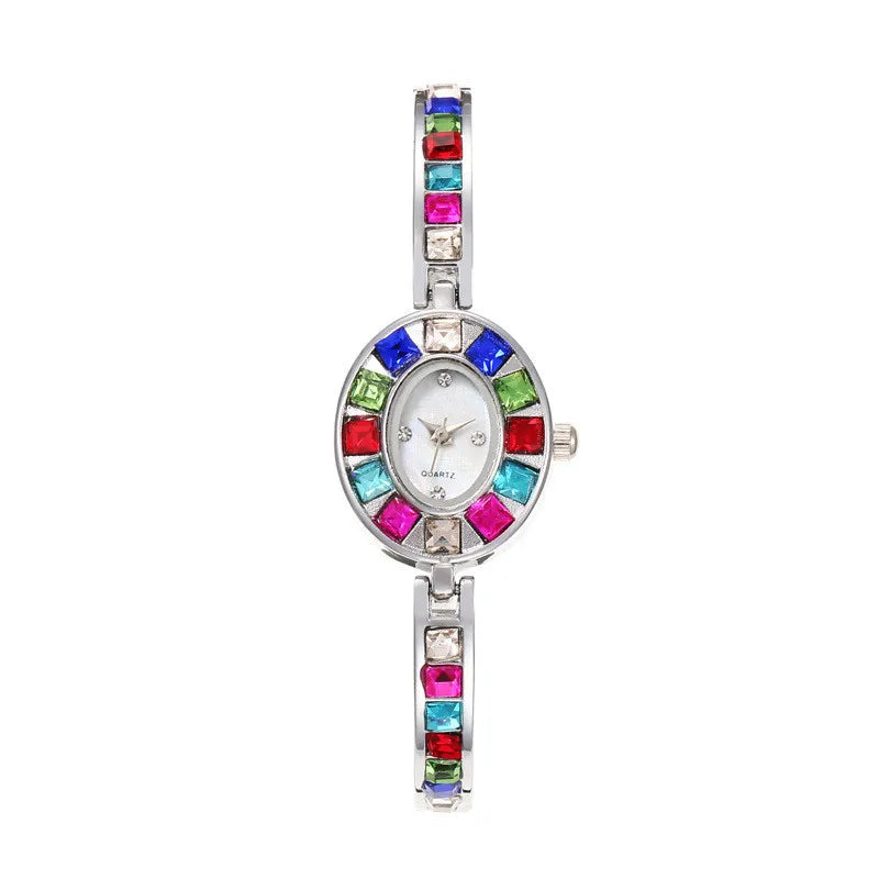 Dropshipping Damen-Quarzuhren Neue Mode-Regenbogen-Strass-Armband Ovale Zifferblatt-Armbanduhr Großhandel Armbanduhren Reloj
