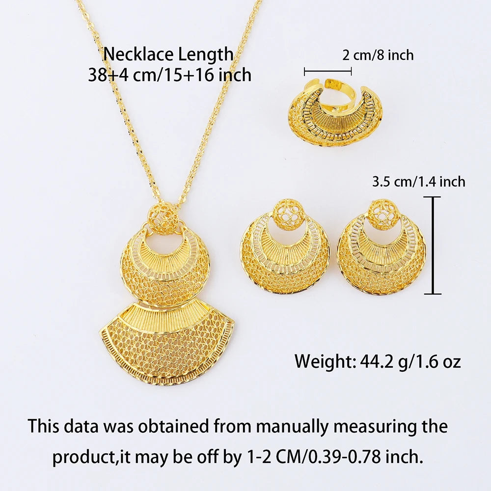 24 Karat goldfarbenes Party-Halskette-Ohrringe-Ringe-Set, luxuriöse Goldschmuck-Sets für Damen, Hochzeitsfeier-Accessoires