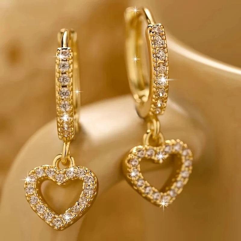 Europa y Estados Unidos tendencia de moda, pendientes colgantes de amor para mujer, joyería de boda de lujo brillante con circonita incrustada