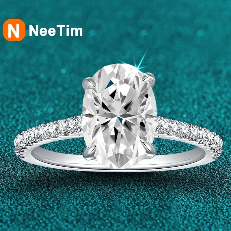 NeeTim 3 quilates, corte ovalado de moissanita, anillos de diamantes de laboratorio para mujer, anillo de propuesta de plata de ley 925, joyería de banda de compromiso de boda