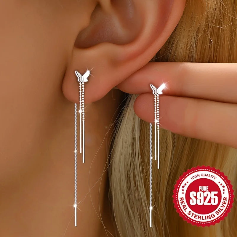Paar S925 Silber Schmetterling Quasten Ohrringe für Damen, hypoallergen, süßes Mädchen, vielseitiges Alltags-Accessoire, perfektes Geschenk für Frauen