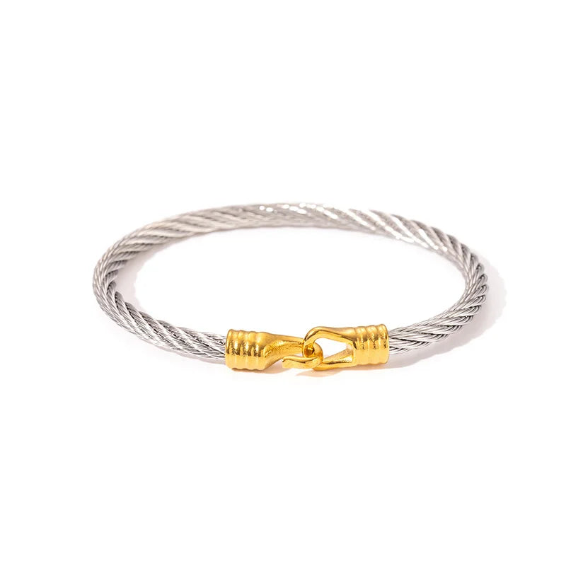 1x Edelstahl vergoldet Armreif Trendiger Retro Hip-Hop Stil Armband Fried Dough Twists Stahldrahtseil Farbfester Armreif