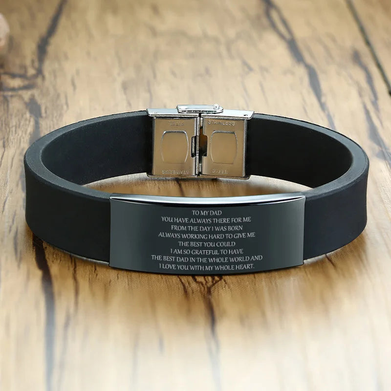 Vnox 16mm Vatertagsgeschenk Armband, schwarzes Kautschuk-Silikon-Armband mit personalisiertem „TO MY DAD“ Edelstahl-Bar, lässiges Armband für Herren
