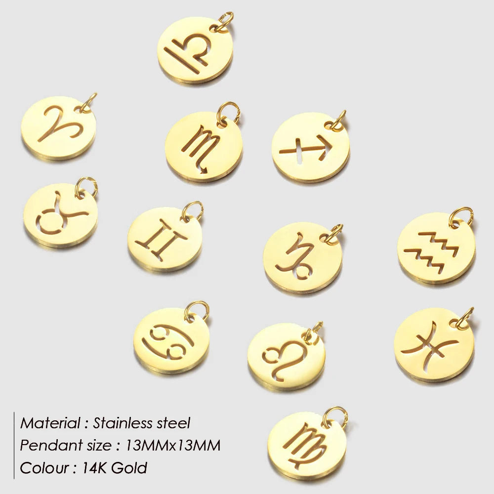 SUNIBI DIY Edelstahl-Scheibenkomponenten 12 Sternzeichen-Anhänger für handgemachte Schmuckherstellung Designer Vergoldete Anhänger für Armband