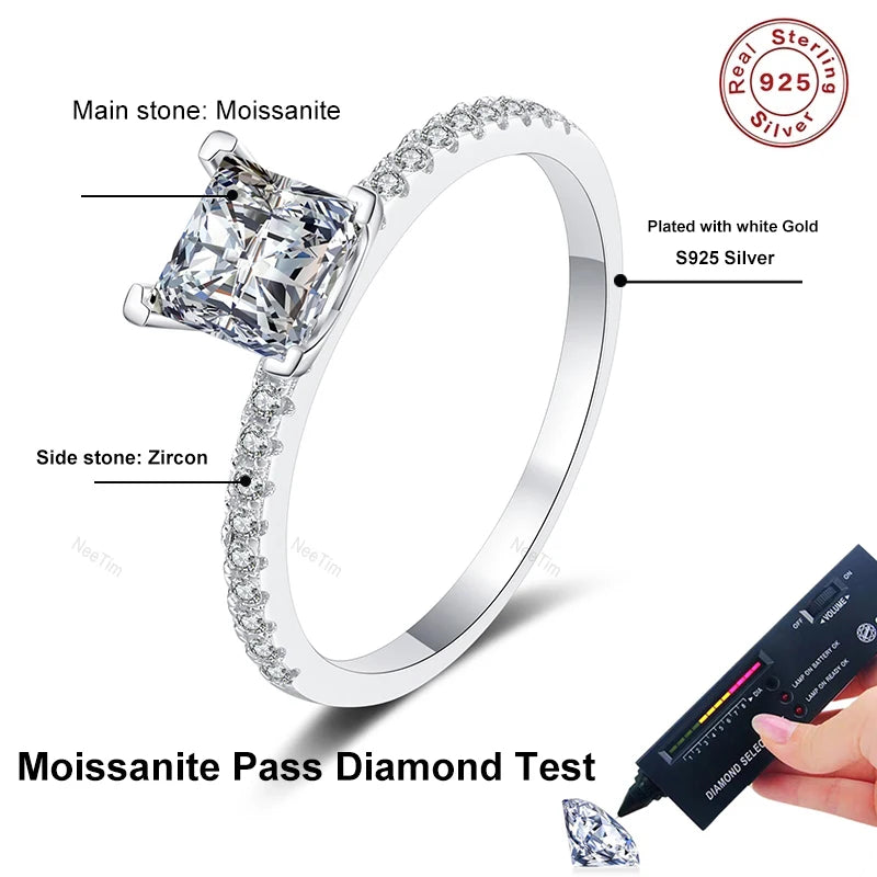 NeeTim 1ct 2ct Princess Moissanite Verlobungsring für Damen D VVS1 Diamant Heiratsantrag Brautringe Sterlingsilber Ehering