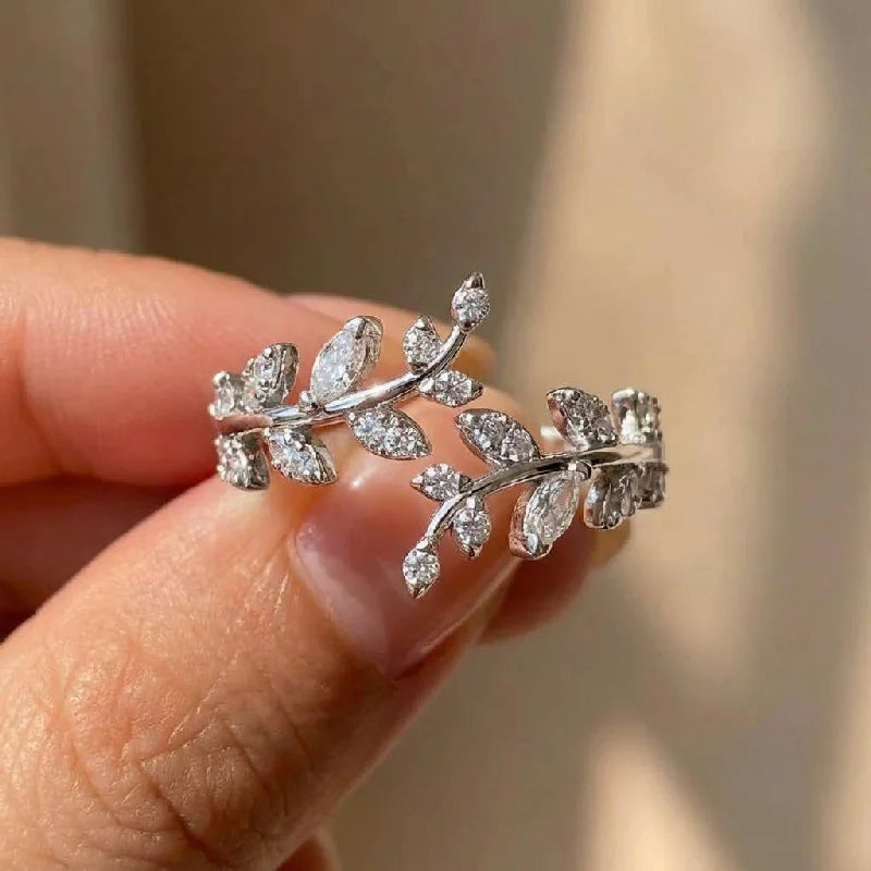 925er Sterling Silber Mode Zirkon Blatt Verstellbare Ringe für Damen Geschenk Party Hochwertiger stilvoller Feinschmuck Heiße Verkäufe
