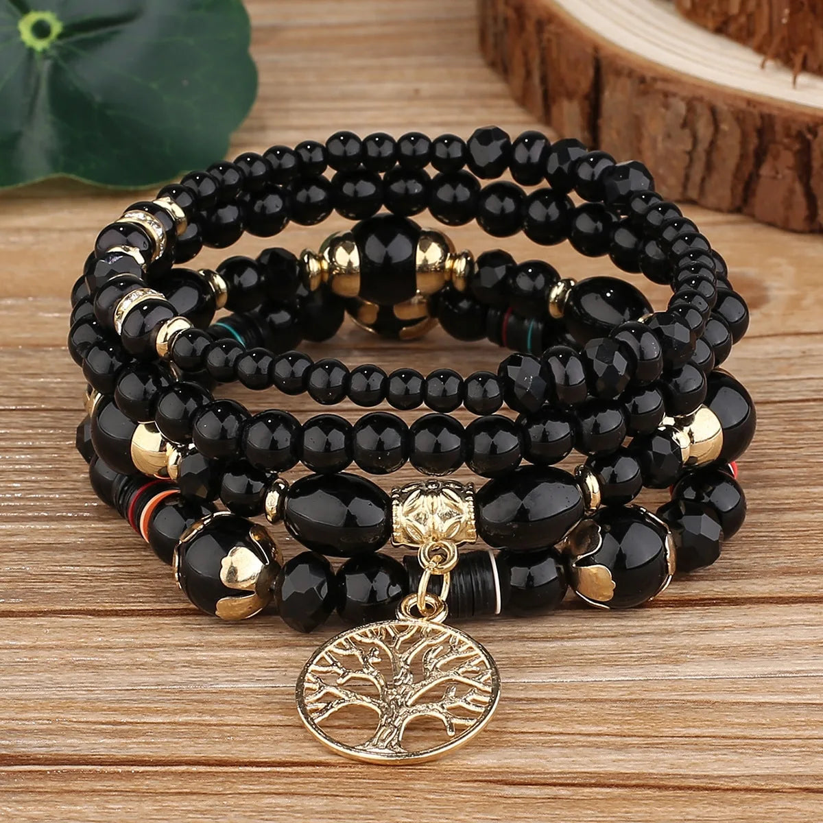 4er-Set Baum des Lebens Charm Armband für Damen, handgemacht, Acrylperlen, Kettenarmreif, weiblicher Boho Schmuck Accessoires
