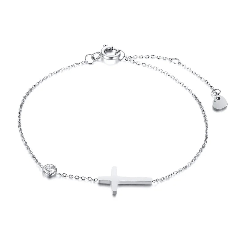 Geburtsstein Zirkonia dünnes Kettenarmband Kreuz Edelstahl Damen verstellbares geschichtetes Armband