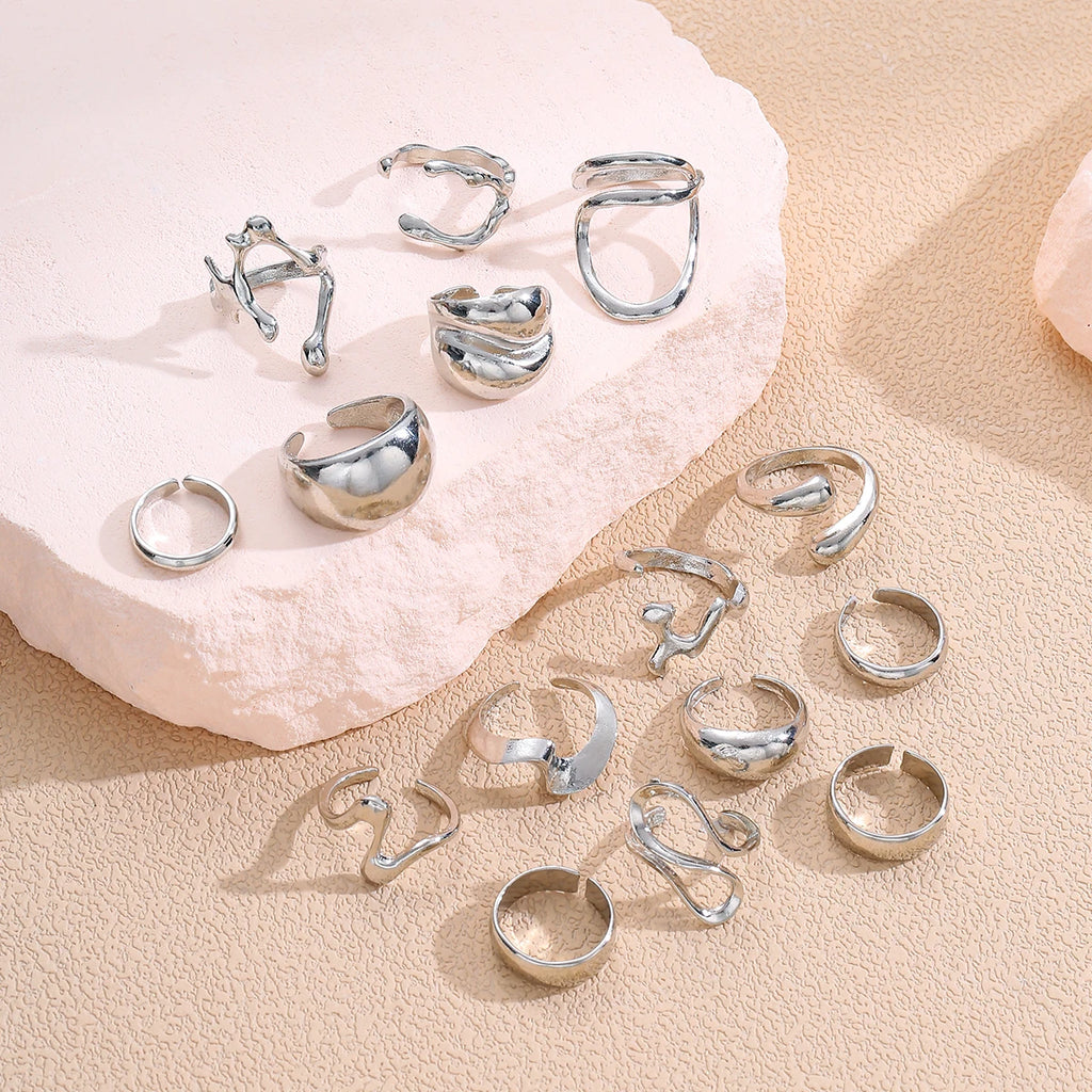15Pcs Punk Smooth Geometric Open Rings Set For Women Exaggerated Irregular Silver Color Thick Chunky Ring Hip Hop Jewelry Gifts