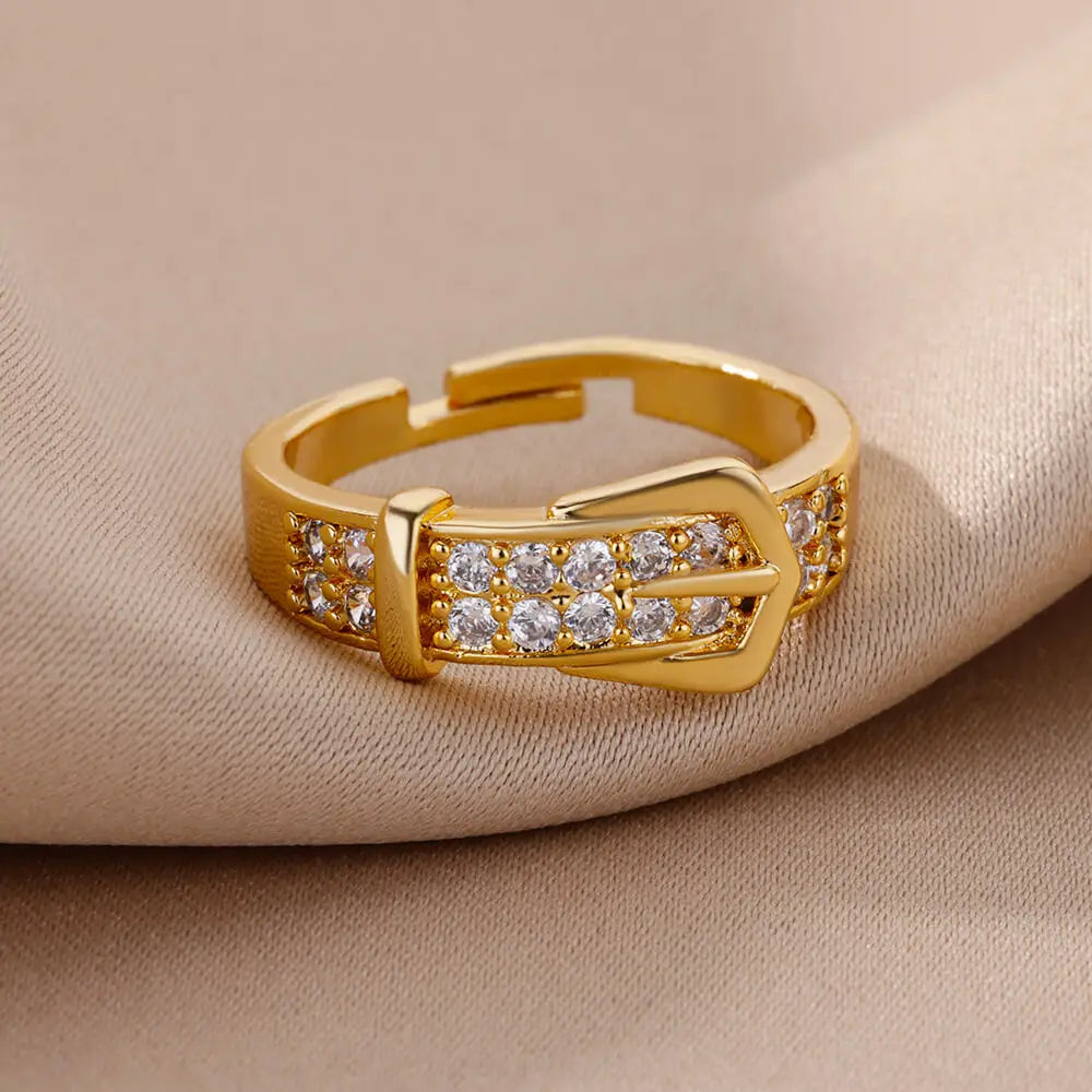 Edelstahl Gürtelringe für Damen Zirkon Verstellbarer Gürtel Fingerring Femme Geometrische Hochzeit Ästhetischer Schmuck Geschenk anillos