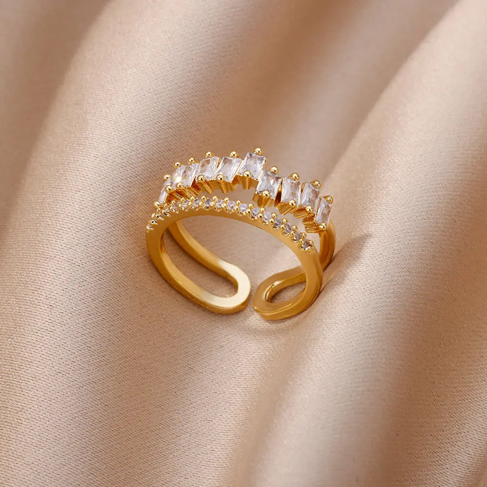 Goldfarbene Zirkonia-Ringe für Damen Offener Edelstahl Grüner Luxus-Kristall-Fingerring Boho Schmuck Hochzeitsfeier Geschenk