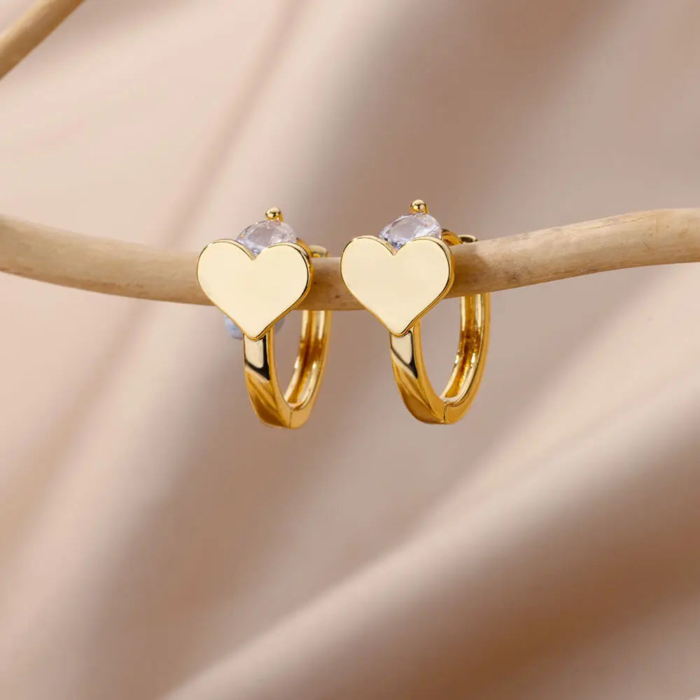 Edelstahl-Herzohrringe für Damen Goldfarbene Mode-Zirkon-Liebes-Herz-Ohrhänger Hochzeit Ästhetischer Schmuck Geschenk 2023