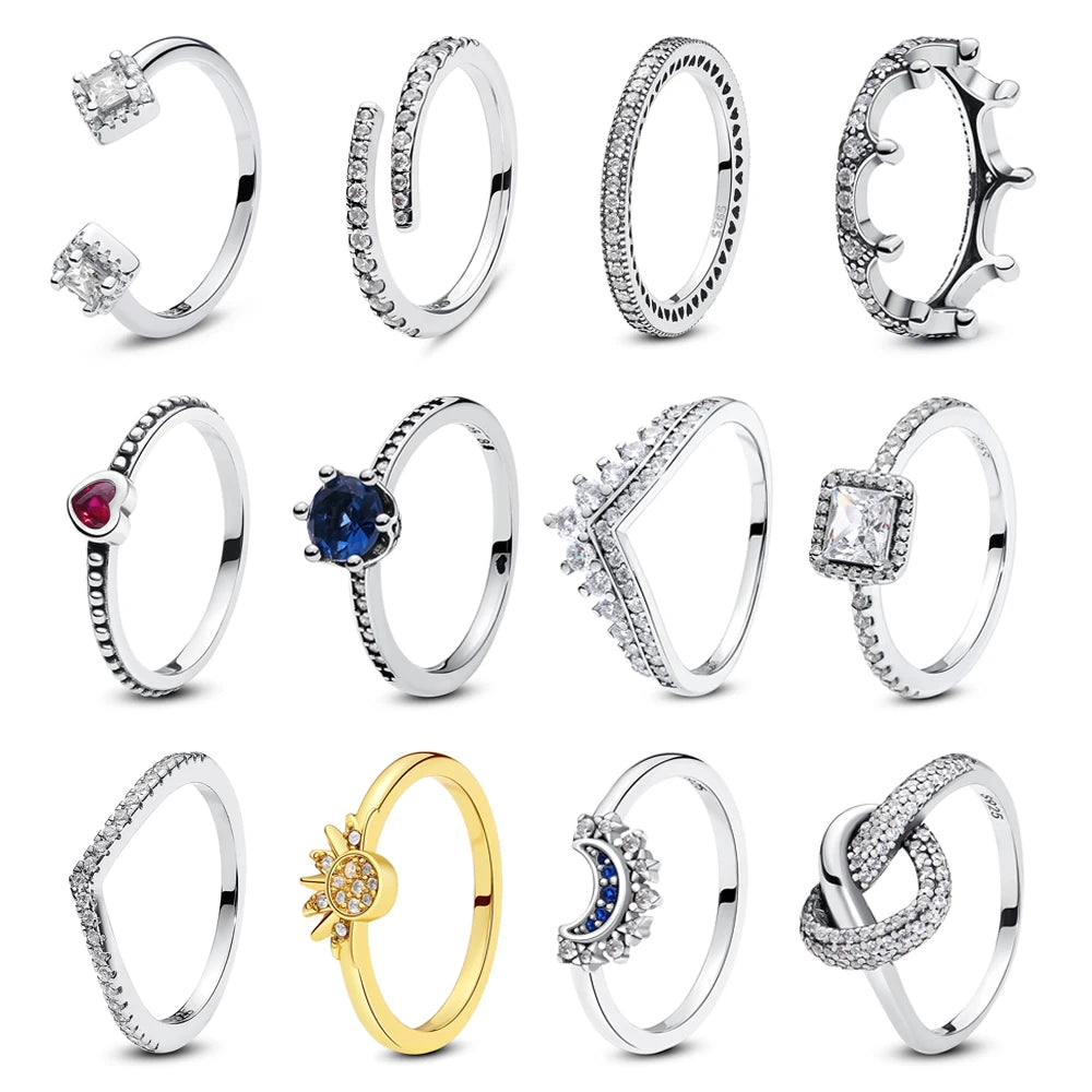 925er Sterling Silber Ringe für Frauen Original Krone Herz Wunschknochen Verlobung Hochzeit Rose Gold Kristall Ring Luxusschmuck