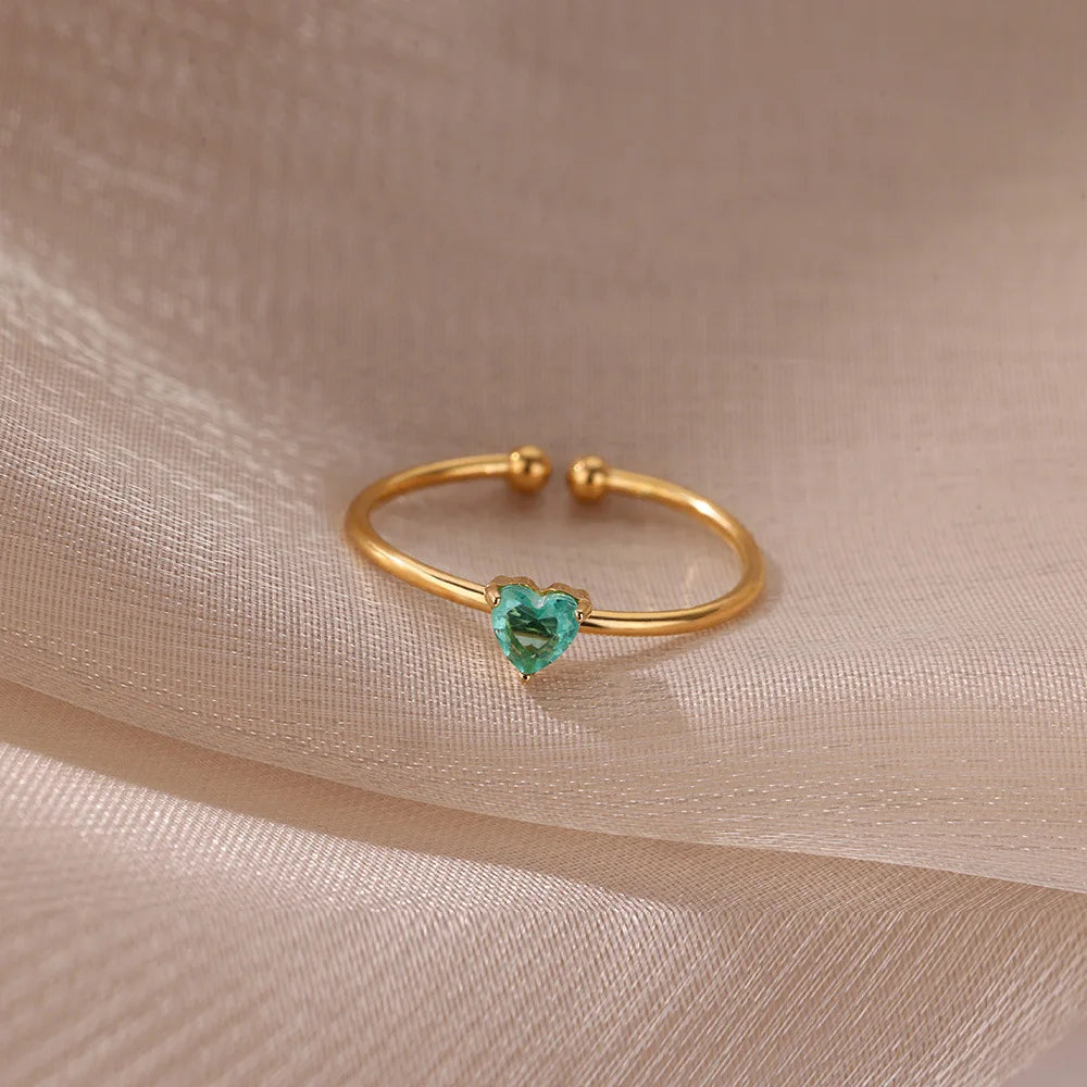 Edelstahl Geburtsstein Offene Ringe für Frauen Mode 12-farbiger Kristall Zirkon Herz Ring Geburtstag Ästhetischer Schmuck Geschenk