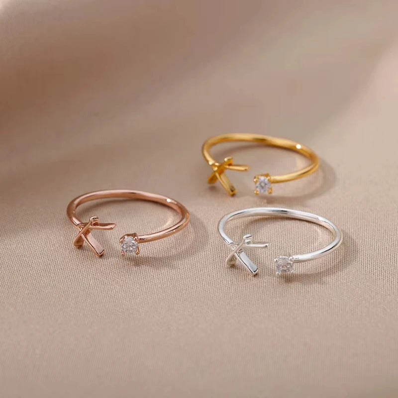 A-Z Initial Letter Open Rings for Women Stainless Steel Gold Color Zircon Adjustable Ring Trendy Couple Wedding Jewelry Gift