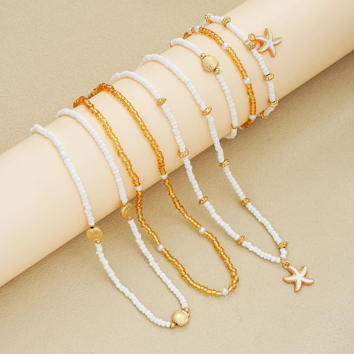 6 Teile/Set Reisperlen Muschel Seestern Anhänger Halskette Armbänder Bohemian Elegantes Gold Weiß Farbe Schmuck Set Urlaub Zubehör