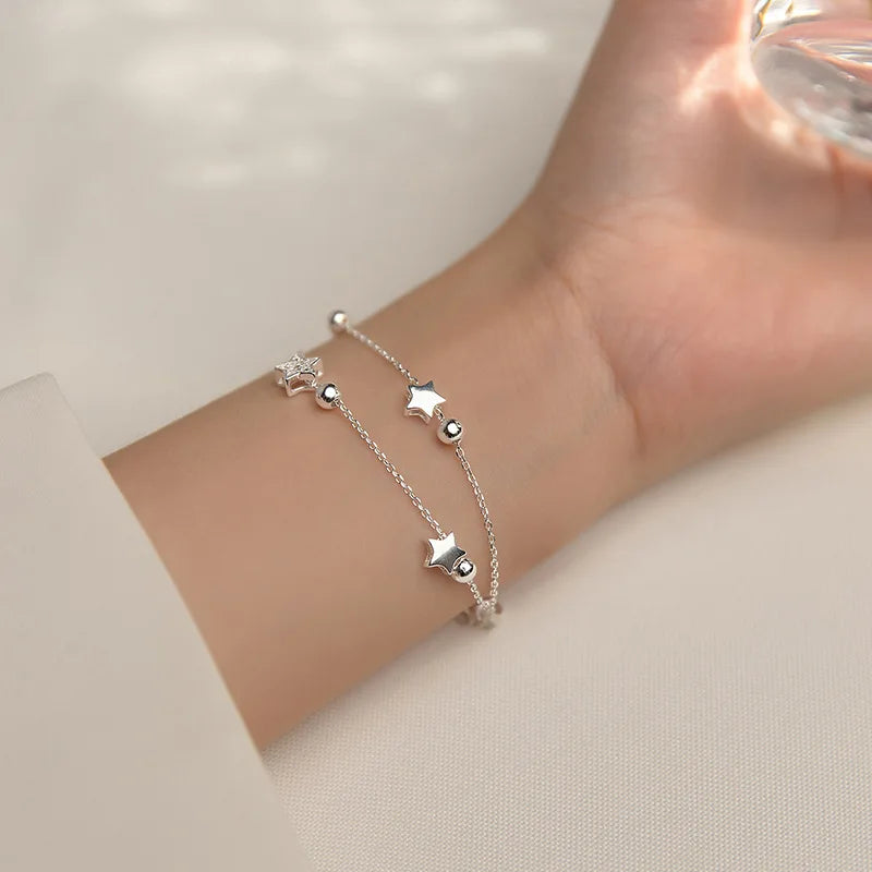 VENTFILLE 925 Stamp Silver Color Star Bracelet Fashion Korean Five-pointed Stars Crystal Double Bracelet Dropshipping Wholesale