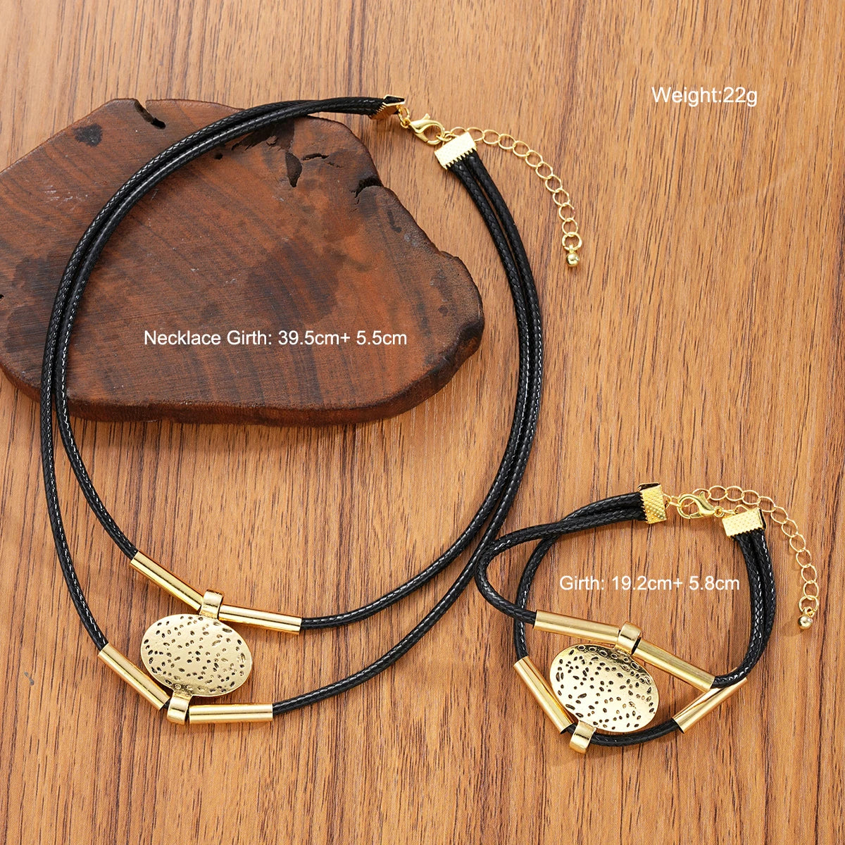 Vintage ovale Metall-Halskette mit Kunstlederarmband für Damen, Mode Gold Silber Farbe, 2tlg/Set, doppellagige Ketten-Schmucksets