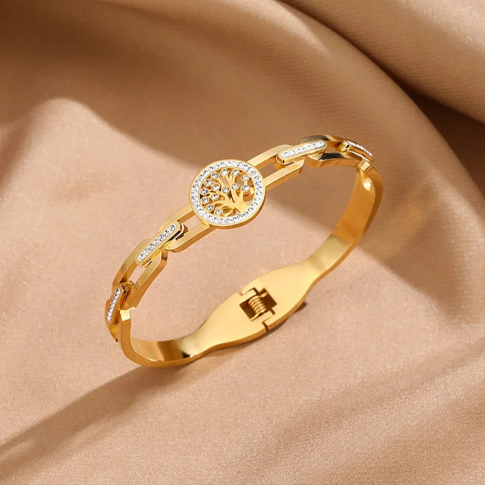 Luxury Stainless Steel Tree of Life Bracelet For Women Men Golden Cubic Zircon No Fade Color Lucky Cuff Bangle Jewelry