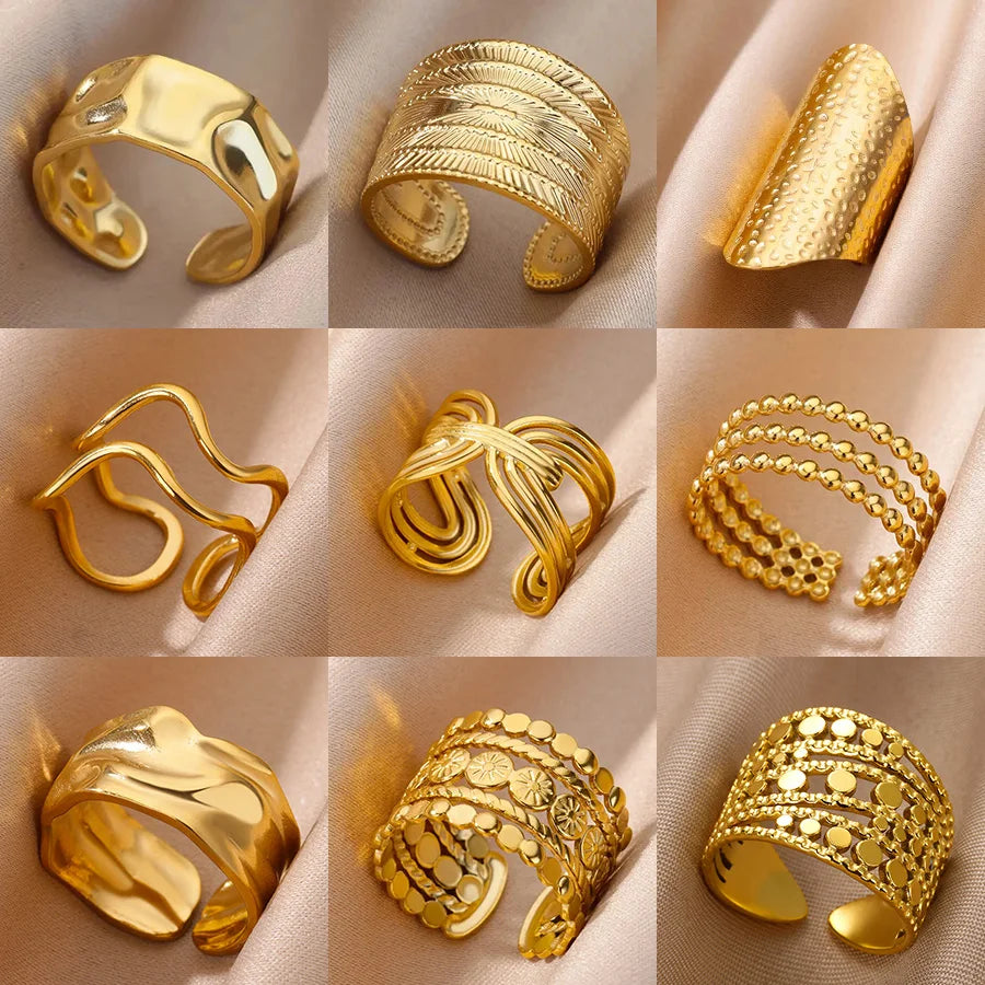 Edelstahl klobige breite Ringe für Frauen Vintage Goldfarbe geometrischer offener Fingerring Mode minimalistischer Schmuck Geschenk Femme
