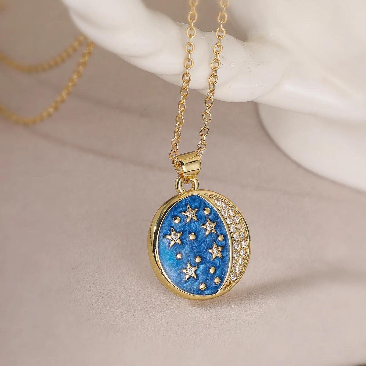 NEWBUY Delicate Blue Oil Dripping Star Moon Sun Round Pendant Necklaces For Elegant Women Bitrhday Gift