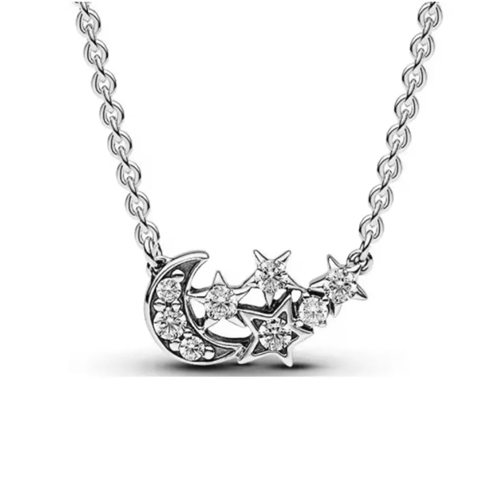 925 Sterlingsilber Goldener Mond Stern Schleife Halskette Passt Original Armband Für Frauen DIY Mode Schmuckherstellung