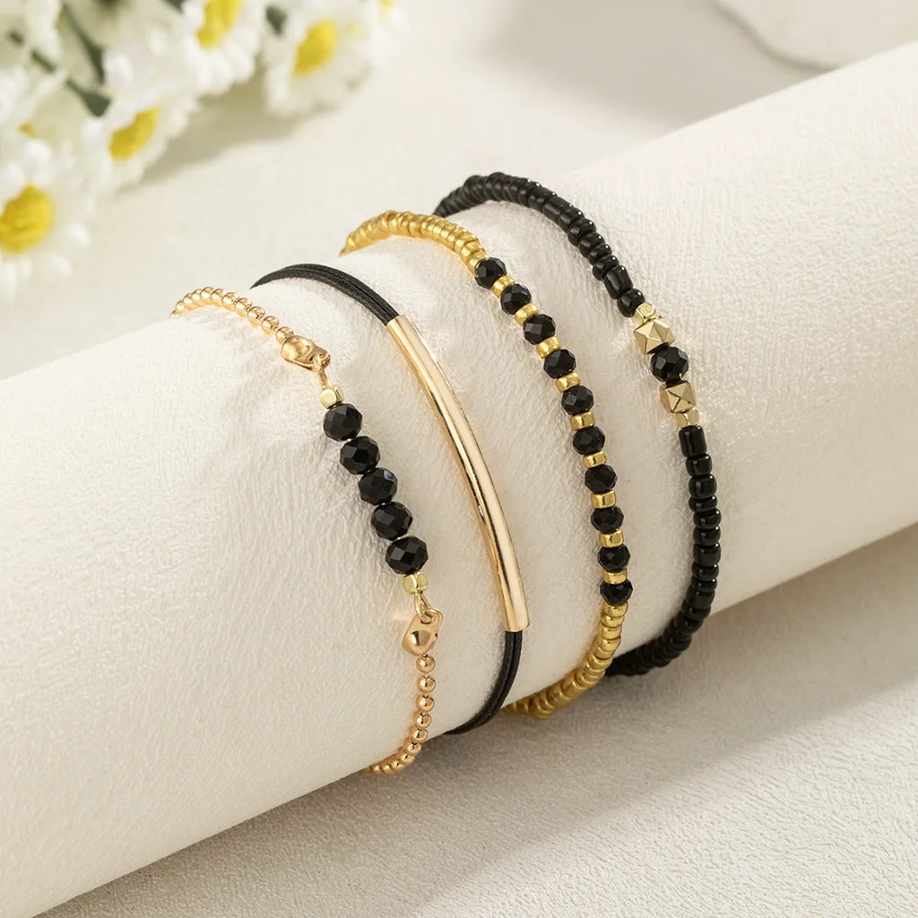 Handgemachtes schwarzes Glasstein-Armband-Set für Damen, einfaches geflochtenes Seil, Perlen, Kette, Armreif, weibliche Mode, Schmuckzubehör