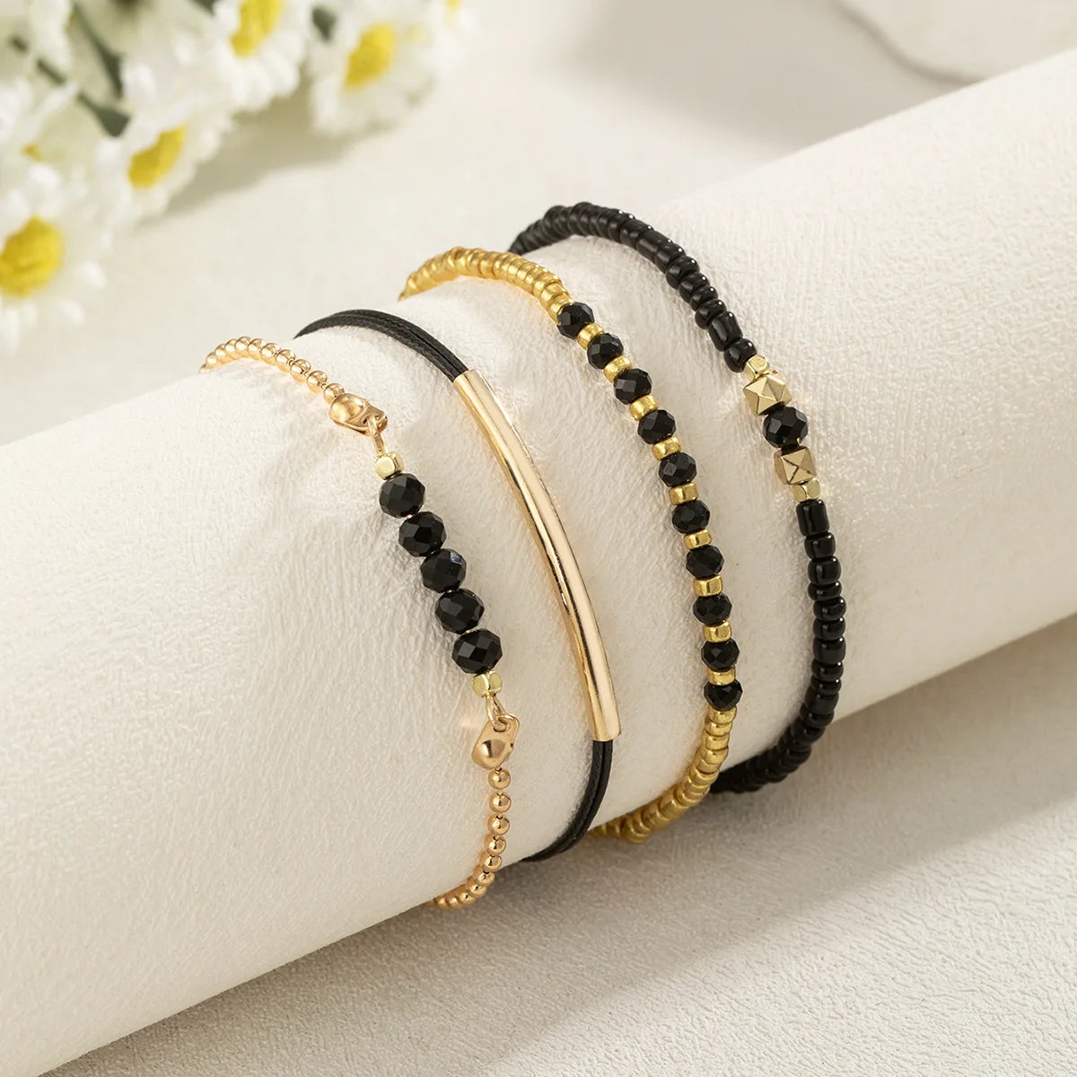 Handgemachtes schwarzes Glasstein-Armband-Set für Damen, einfaches geflochtenes Seil, Perlen, Kette, Armreif, weibliche Mode, Schmuckzubehör